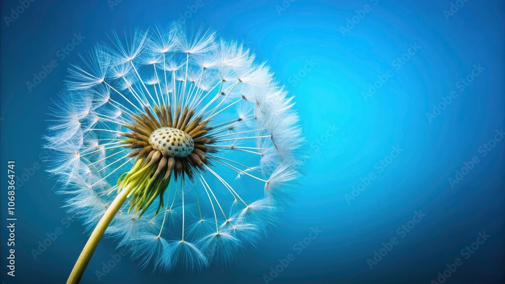 Dandelion Seed Head Against Blue Sky - Nature Macro Photography of Change, Detaching Seed, Serenity, and Beauty in Nature, Close-Up of Delicate Seed Head in Spring Environment