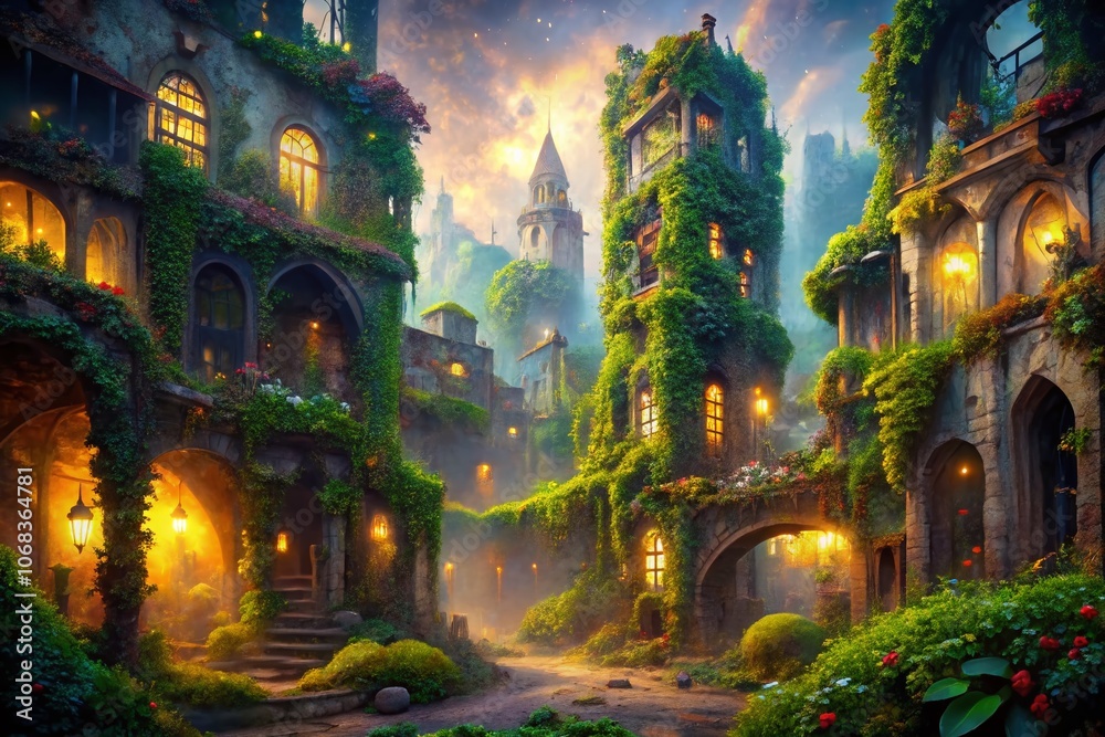 Enchanted Urban Ruins: A Whimsical Journey Through a Forgotten City in a Storybook Fantasy Setting with Overgrown Vines, Magical Lights, and Mystical Creatures Enchanted Urban Ruins: A Whimsical Journey Through a Forgotten City in a Storybook Fantasy Setting with Overgrown Vines, Magical Lights, and Mystical Creatures