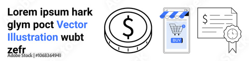 Coin with dollar symbol, smartphone displaying online store with BUY button, and certificate with ribbon. Ideal for e-commerce, finance, digital marketing, online shopping, certifications, business