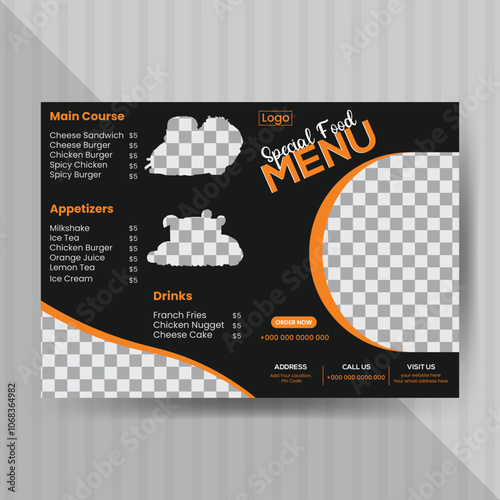 Delicious and yummy food menu design template. Creative restaurant bifold brochure menu design.   Fast food restaurant menu for marketing.