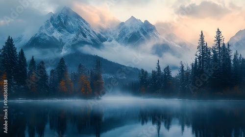 Majestic winter landscape with snow-capped mountains and serene lake reflection.