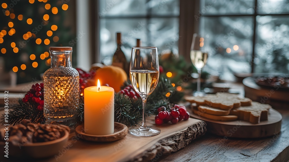 Elegant festive table setting with wine, candles, and festive decorations. Elegant festive table setting with wine, candles, and festive decorations.