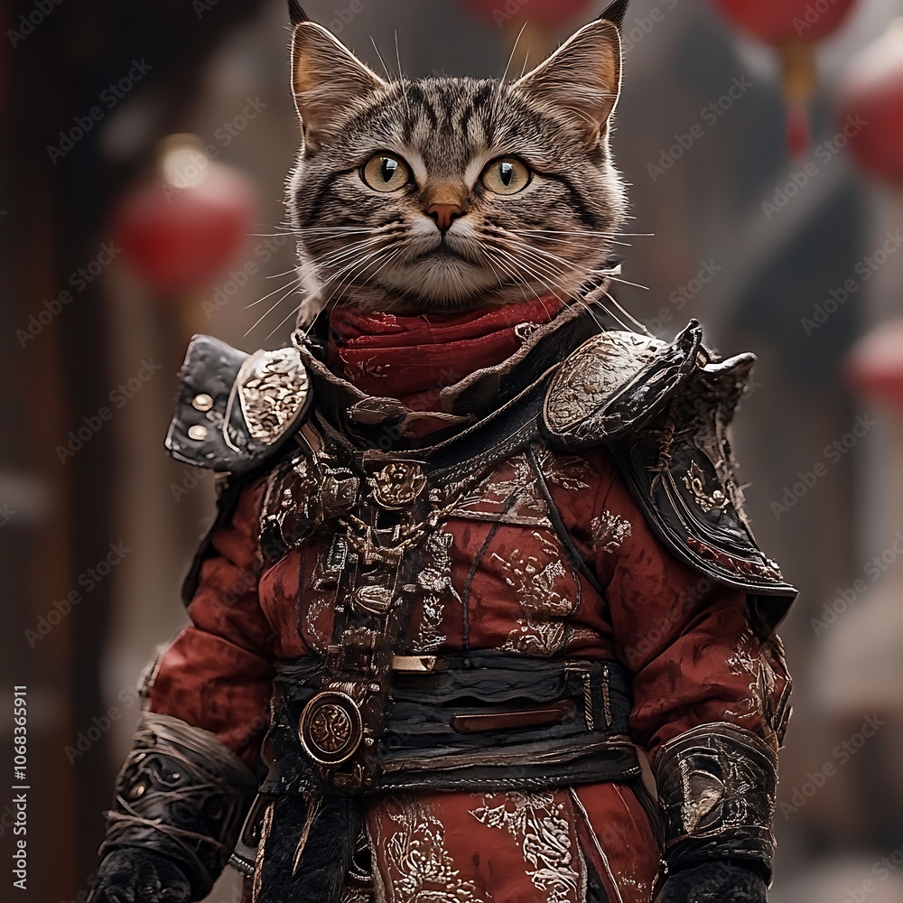 A Bengal cat sits confidently dressed in a black ninja outfit with a red belt, holding a katana. The striking red backdrop accentuates the cat's unique pattern and playful demeanor. A Bengal cat sits confidently dressed in a black ninja outfit with a red belt, holding a katana. The striking red backdrop accentuates the cat's unique pattern and playful demeanor.