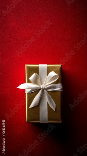 The golden gift box tied with a white ribbon is prominently displayed on a striking red background, symbolizing the festive spirit of Black Friday shopping