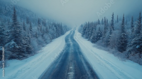 A winding snow-covered road disappears into a foggy forest.