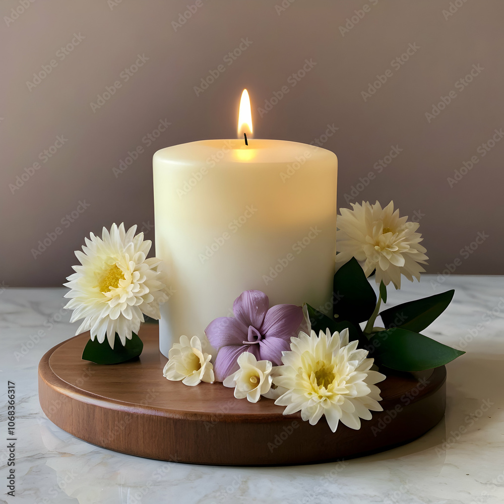 An image of a Sarras candle featuring a white flame, surrounded by lilac, white, and golden gardenias, along with white chrysanthemums and lilies. The candle stands atop an intricately carved wooden b An image of a Sarras candle featuring a white flame, surrounded by lilac, white, and golden gardenias, along with white chrysanthemums and lilies. The candle stands atop an intricately carved wooden b