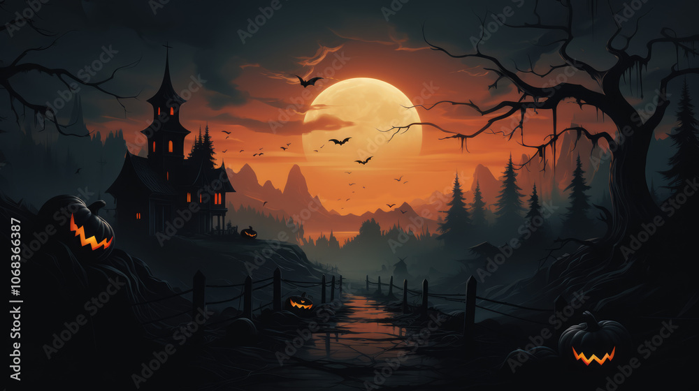 generated illustration scary pumpkins stack,full moon nighttime,dark landscape castle and graveyards. generated illustration scary pumpkins stack,full moon nighttime,dark landscape castle and graveyards.