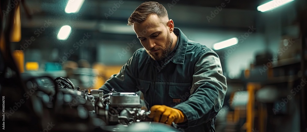 A mechanic works on a motor, wearing gloves, in a dimly lit industrial setting. A mechanic works on a motor, wearing gloves, in a dimly lit industrial setting.