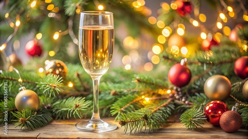 Christmas still life with champagne glass and festive gold decorations on green background with golden glitter sparkle bokeh. New Year and Christmas holiday template for celebration, congratulation.