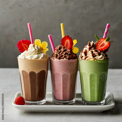 An image of assorted milkshakes displayed in a row on a white tray: a vibrant pink dragon fruit milkshake with ice cream on top, a green avocado milkshake, a yellow banana shake with cocoa powder, a b
