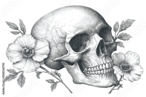 A hand-drawn skull surrounded by delicate flowers in a vintage sketch style