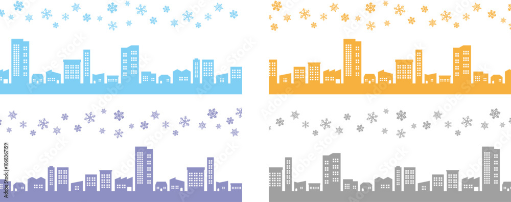 Fototapeta premium 冬の街並みと雪の結晶のシルエットイラストセット