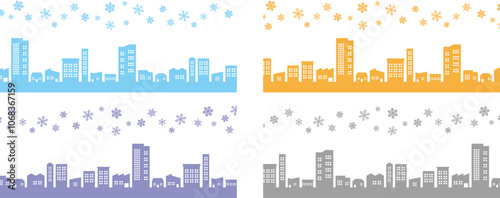 冬の街並みと雪の結晶のシルエットイラストセット