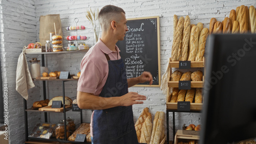 Young man working in a bakery shop surrounded by pastries and breads, looking professional in a neat apron and pink shirt, with a chalkboard menu in the background detailing prices.