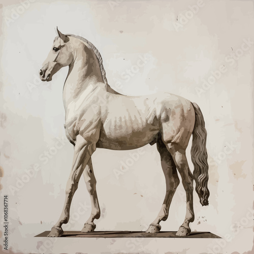 Horse on a white background. Photo in old color image style. 