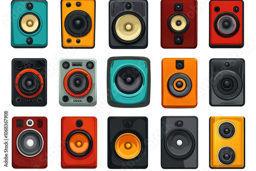 Colorful cartoon  speakers set designed for studio professionals and creators