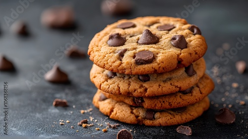 Delicious chocolate chip cookies stacked, showcasing their golden color and melted chips.