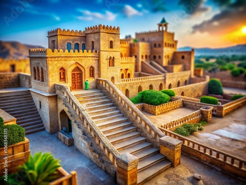 Enchanting Tilt-Shift Photography of Abreen Castle Stairs, Capturing Old Arabian Architectural Elegance and Historical Charm Amidst a Dreamlike Landscape photo