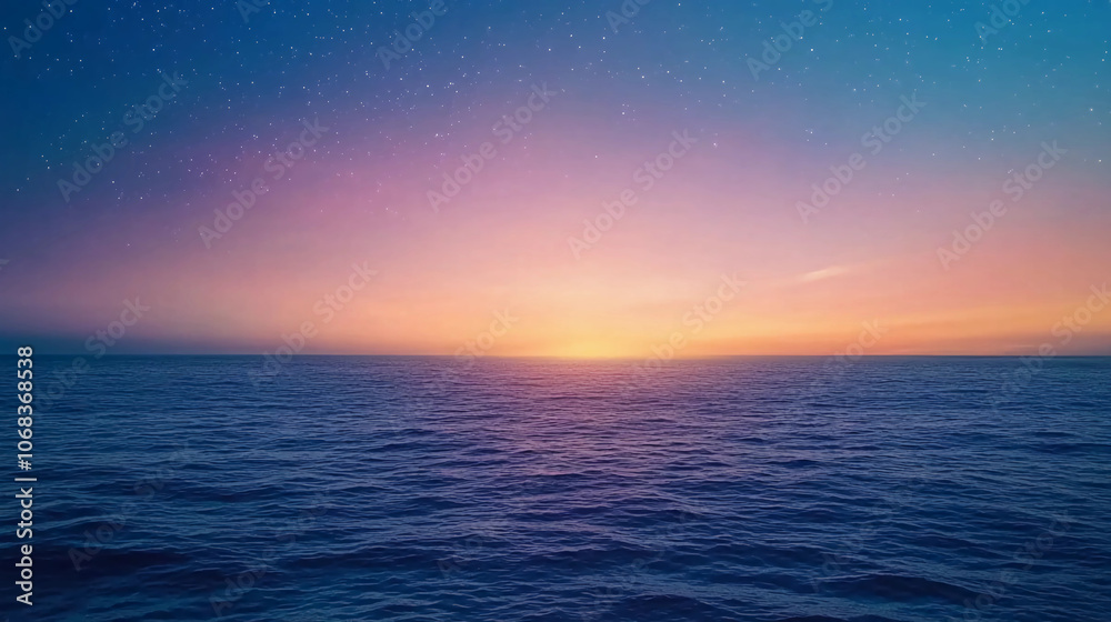 Fototapeta premium Tranquil ocean sunrise with vibrant pink and purple hues under a starry sky, capturing the beauty of dawn over the water.