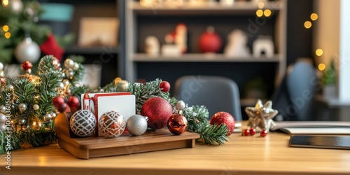 Medium shot of a holiday-themed business card holder placed on a desk, surrounded by other festive office decorations like garlands and small ornaments. photo