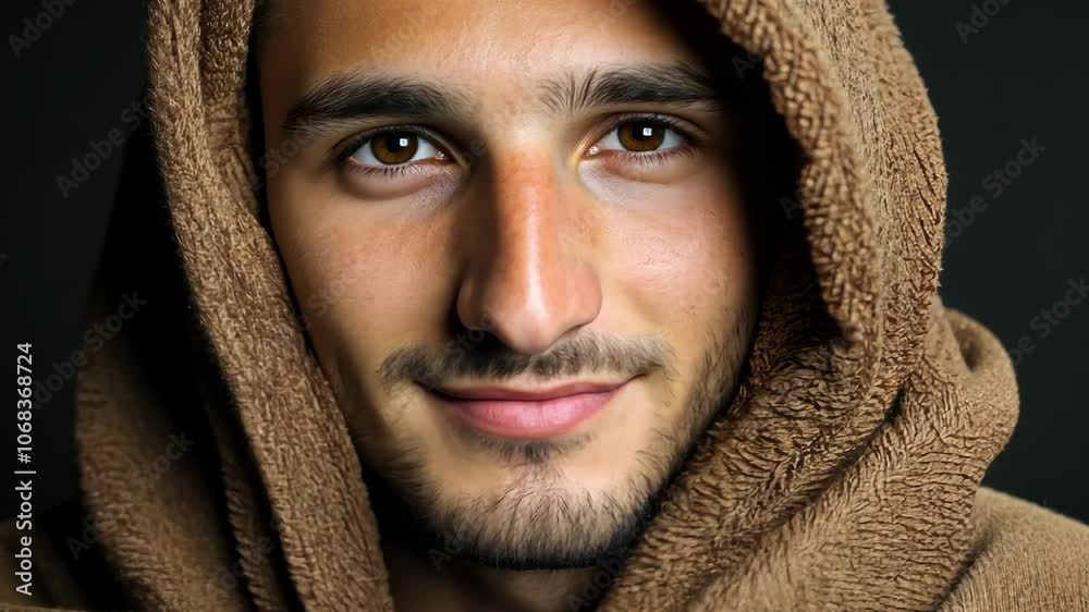 A man with a goatee smiles slightly, his face partially obscured by a brown hooded garment A man with a goatee smiles slightly, his face partially obscured by a brown hooded garment