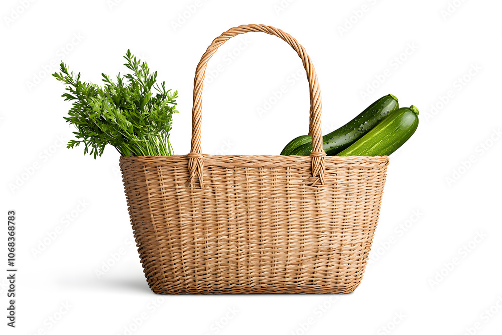A wicker basket filled with fresh green vegetables isolated on white. Healthy organic produce A wicker basket filled with fresh green vegetables isolated on white. Healthy organic produce