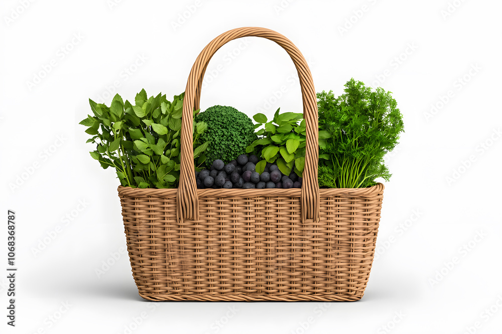 A wicker basket filled with fresh green vegetables isolated on white. Healthy organic produce A wicker basket filled with fresh green vegetables isolated on white. Healthy organic produce