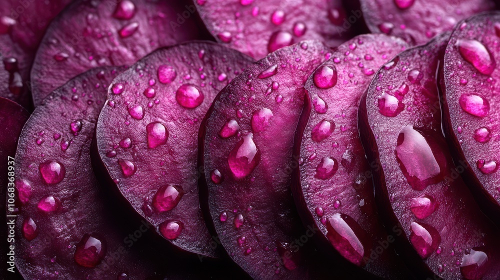 Fototapeta premium Close-up of fresh beetroot slices with glossy water droplets, showcasing their deep, rich hues and texture vividly.