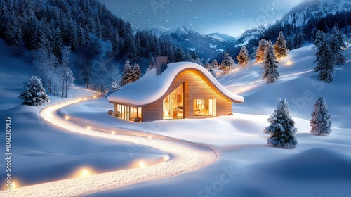 Evening lights twinkle around a warm, inviting house in a snowy landscape, with surrounding pine trees blanketed in soft snow, creating a festive and cozy atmosphere.