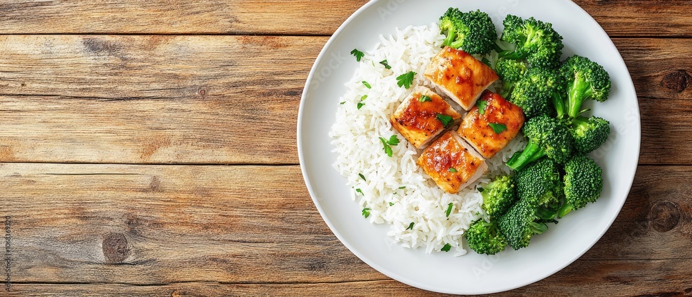 Close-up of a plate of white rice, grilled chicken, and broccoli on a wooden table. Close-up of a plate of white rice, grilled chicken, and broccoli on a wooden table.
