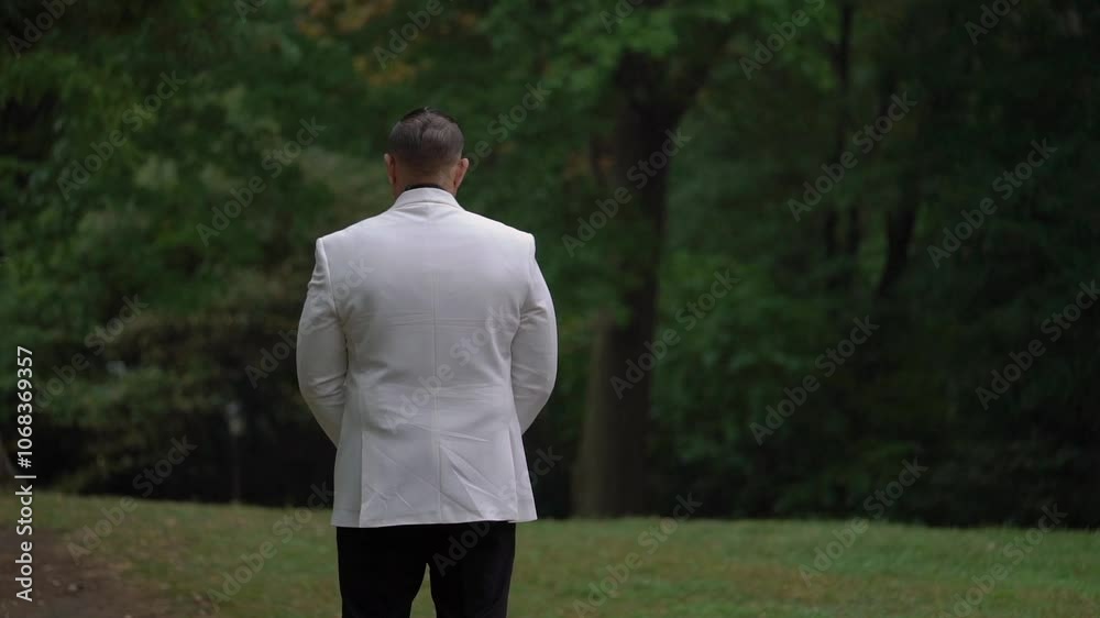 A man in a white suit stands gracefully among lush greenery, exuding elegance and deep contemplation A man in a white suit stands gracefully among lush greenery, exuding elegance and deep contemplation