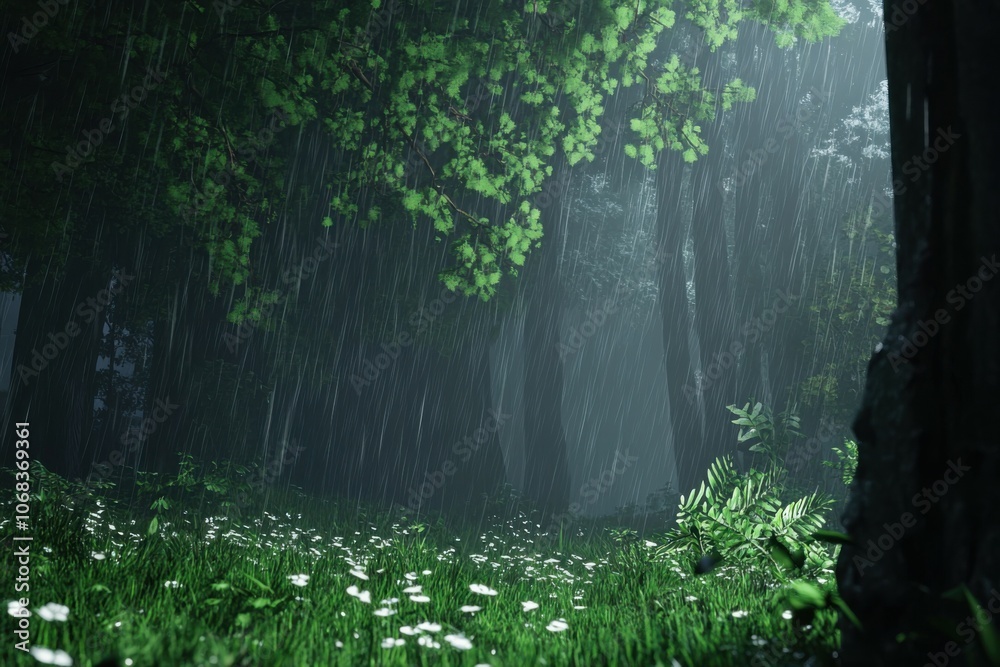 rainy redwood glade on the coast, atmospheric animated setting with rich greens, dynamic and immersive rainy redwood glade on the coast, atmospheric animated setting with rich greens, dynamic and immersive