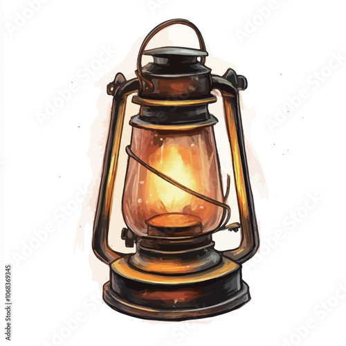 Kerosene lamp isolated on a white background. Watercolor illustration 