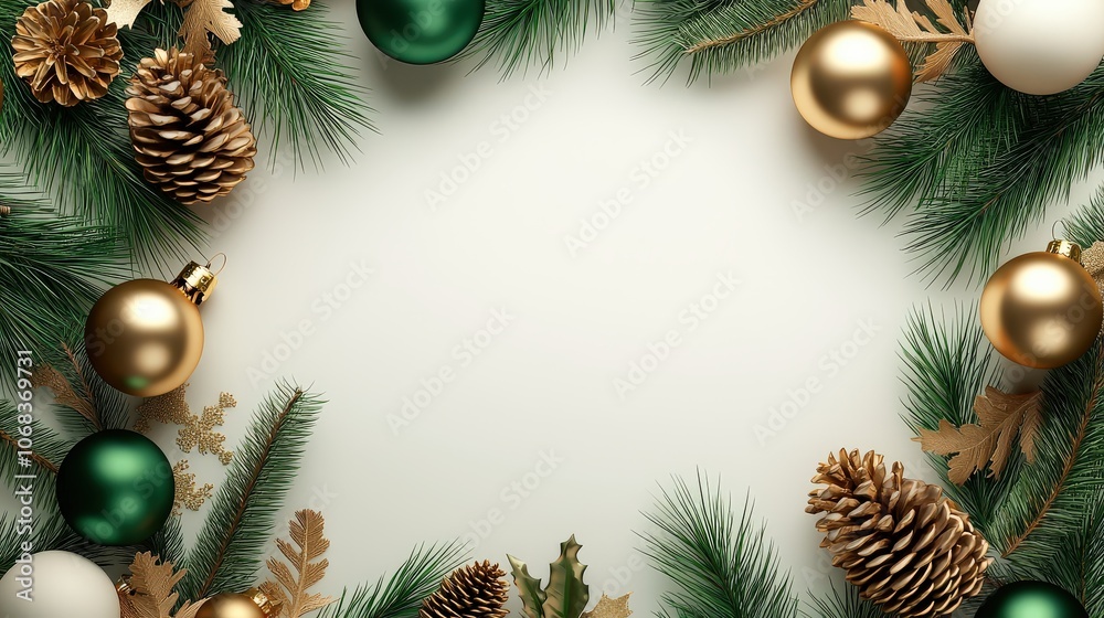 Holiday elegance with gold baubles and natural pinecones in a green frame around a white center, great for festive, sophisticated Christmas visuals Holiday elegance with gold baubles and natural pinecones in a green frame around a white center, great for festive, sophisticated Christmas visuals
