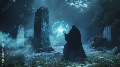 Dark, atmospheric fantasy realm drenched in shadows and swirling mist; a mage casts a dark spell amid ancient stones, crackling energy glowing with mysterious runes. photo