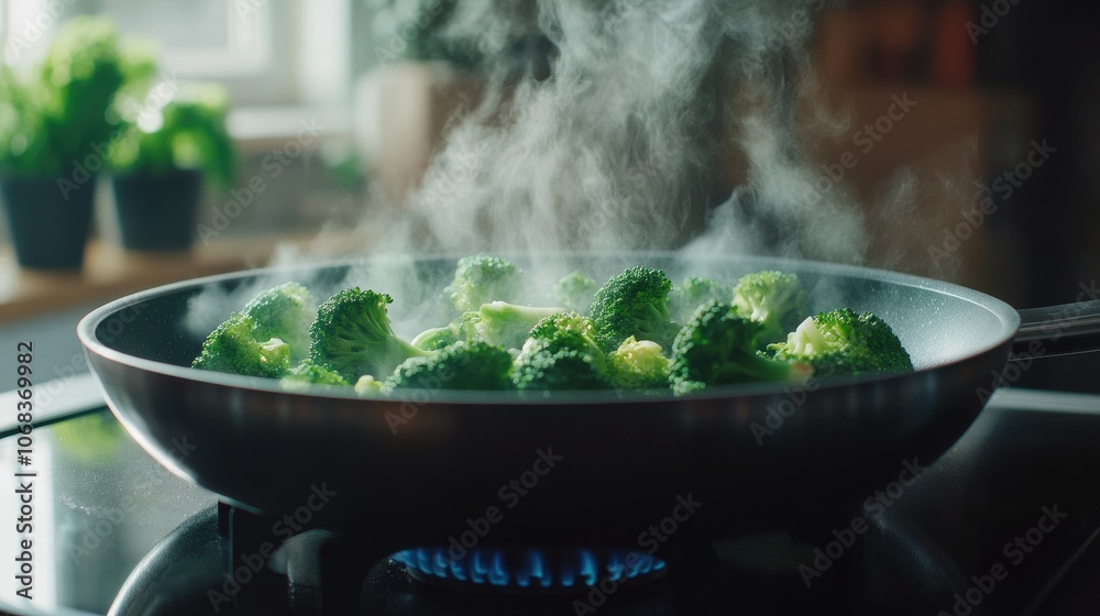 Broccoli steaming in a pan on stove. This image shows the process of cooking broccoli, perfect for representing healthy cooking and meal preparation. Broccoli steaming in a pan on stove. This image shows the process of cooking broccoli, perfect for representing healthy cooking and meal preparation.