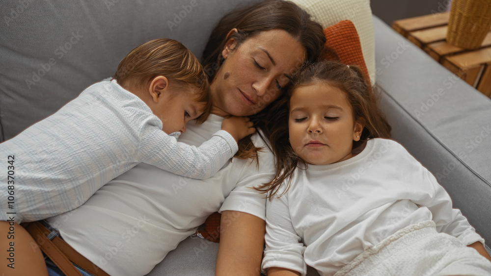 Woman relaxing with son and daughter on couch in cozy living room, illustrating family love and togetherness in a comfortable home setting. Woman relaxing with son and daughter on couch in cozy living room, illustrating family love and togetherness in a comfortable home setting.