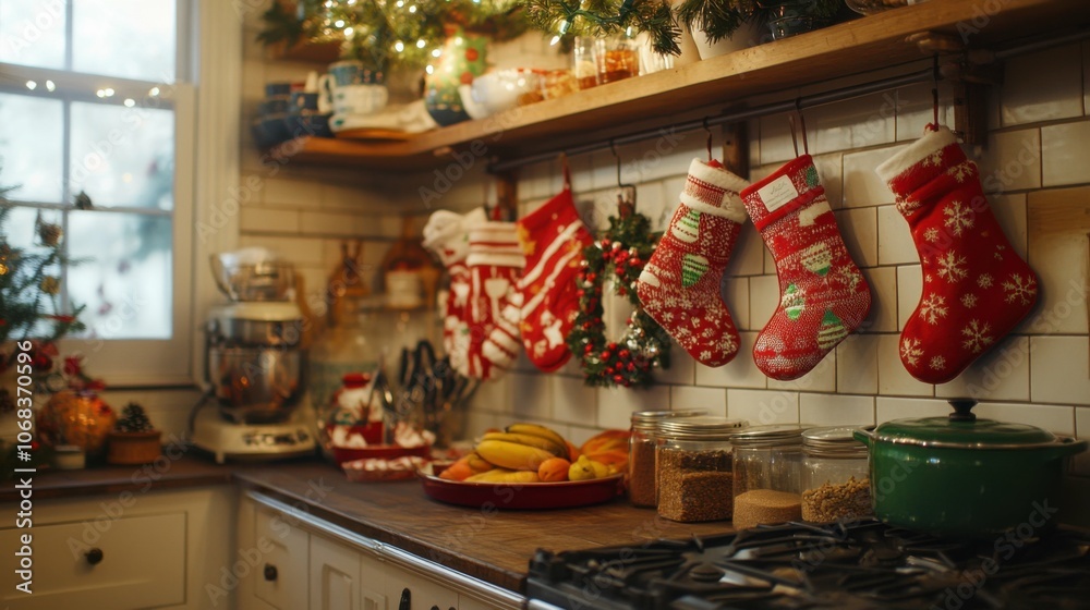 Wide shot of a kitchen decorated for the holidays, with several holiday-themed oven mitts hanging on hooks and festive baking supplies. Wide shot of a kitchen decorated for the holidays, with several holiday-themed oven mitts hanging on hooks and festive baking supplies.