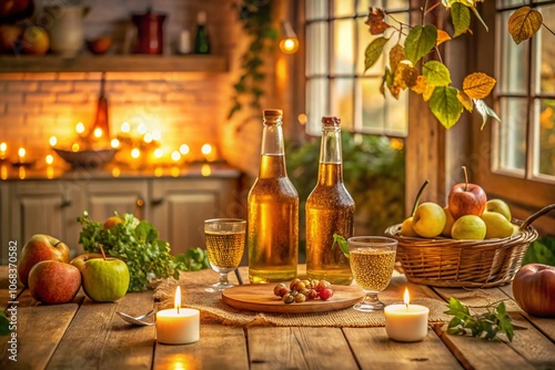 Evening Kitchen Table with Pear Cider: A Cozy Atmosphere with Rustic Decor, Warm Lighting, and Fresh Pears - Perfect for Autumn Gatherings and Culinary Inspiration