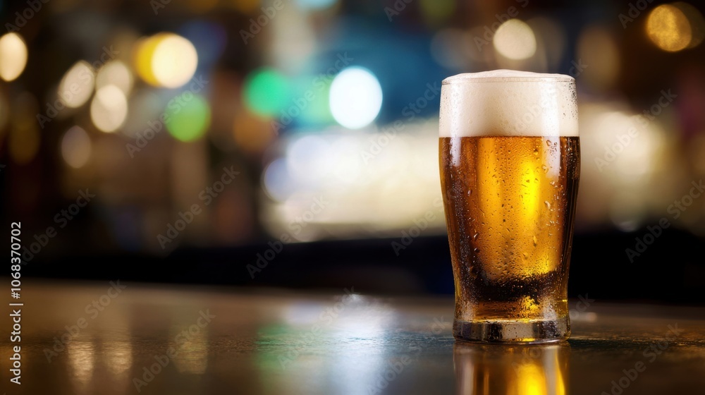 A refreshing cold beer fills a glass, sitting on the bar as patrons chat and enjoy the vibrant atmosphere of the night A refreshing cold beer fills a glass, sitting on the bar as patrons chat and enjoy the vibrant atmosphere of the night