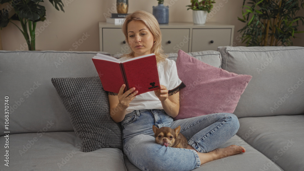 A young blonde woman is reading a book while relaxing on a couch with her chihuahua in a cozy living room. A young blonde woman is reading a book while relaxing on a couch with her chihuahua in a cozy living room.