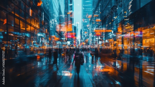 Imagine a bustling cityscape at night, with glowing neon lights reflecting off glass buildings and busy streets, capturing the energy and vibrancy of urban life.