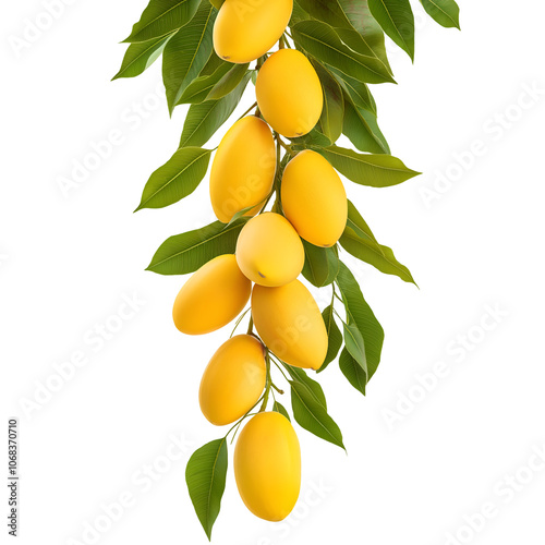 Mangoes  Hanging on a Branch with Leaves, Isolated on Transparent Background