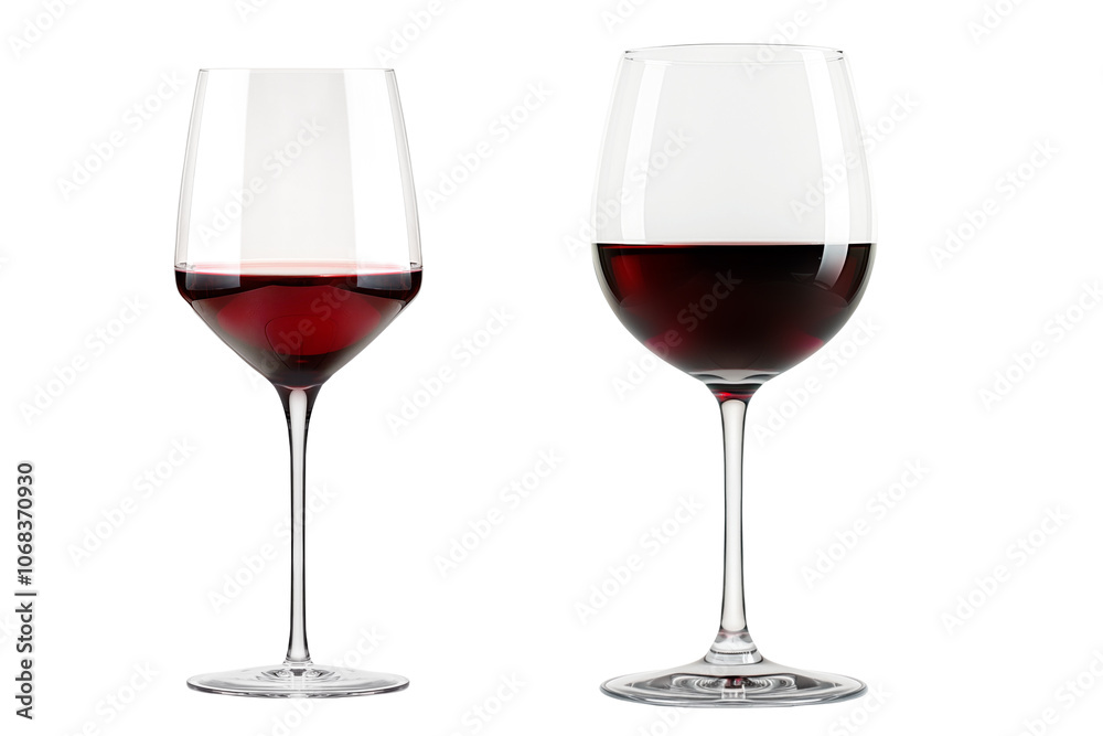 Pair of red wine glasses isolated on white transparent background. Rose wine splashing in glassware Pair of red wine glasses isolated on white transparent background. Rose wine splashing in glassware