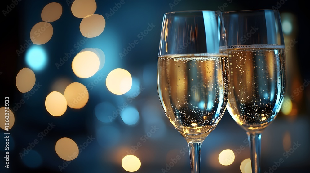 Two elegant champagne glasses filled with sparkling wine against a soft bokeh background. Two elegant champagne glasses filled with sparkling wine against a soft bokeh background.