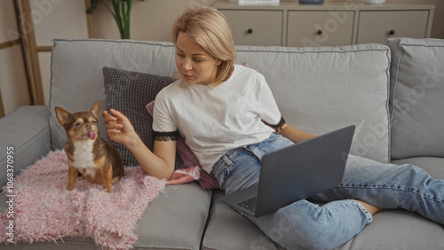 A young blonde woman relaxes in her living room with her pet chihuahua, using a laptop on the couch, creating a cozy and homey atmosphere indoors.