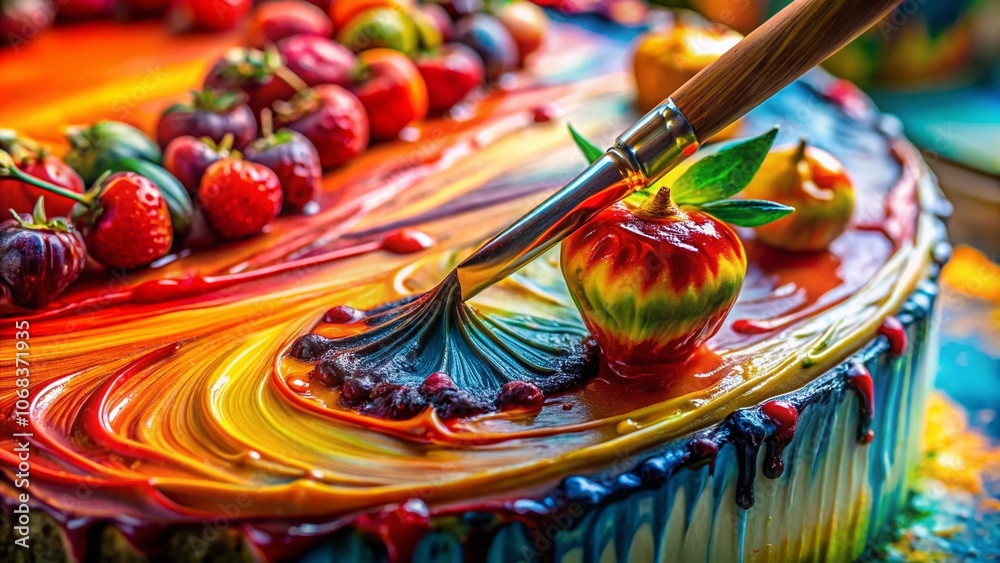 Fototapeta premium Exquisite Macro Photography of Oil Paint Cake with Vibrant Colors and Texture, Showcasing Artistic Details and Creative Presentation for Food and Art Enthusiasts