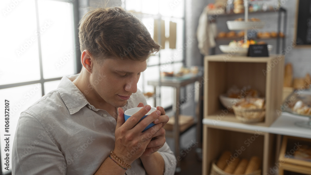 Young man enjoying a coffee in a bakery showcasing a cozy and inviting indoor shop setting. Young man enjoying a coffee in a bakery showcasing a cozy and inviting indoor shop setting.