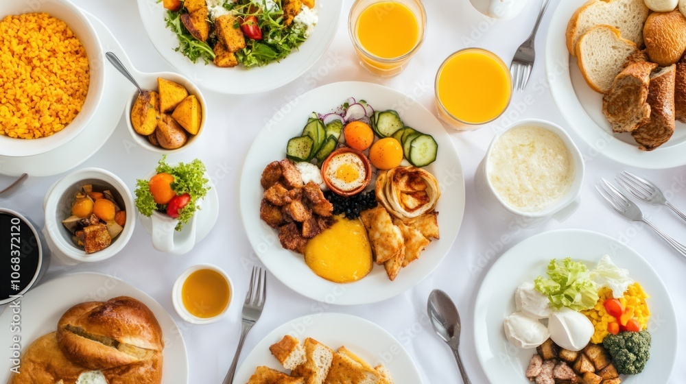 A colorful spread of various breakfast dishes and drinks on a table. A colorful spread of various breakfast dishes and drinks on a table.