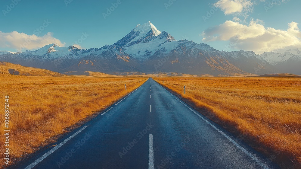 A winding road leads towards a majestic snow-capped mountain peak in the distance, under a clear blue sky. A winding road leads towards a majestic snow-capped mountain peak in the distance, under a clear blue sky.